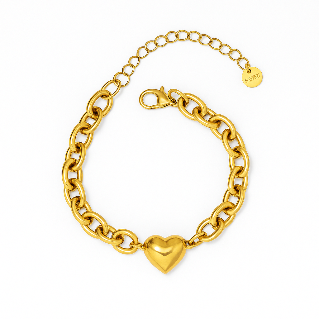 Brazalete Cataleya Dorado con Corazón – Eslabones Gruesos en Acero de Titanio
