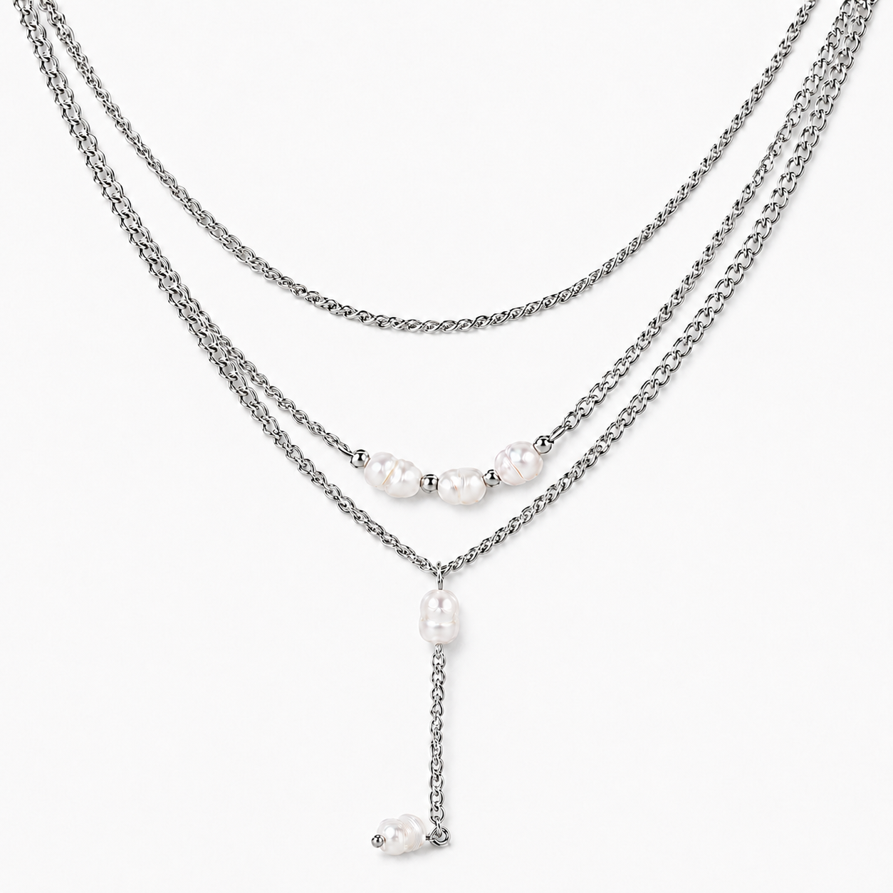 Collar Rosa Plateado de Tres Capas con Perlas en Acero Inoxidable 316L