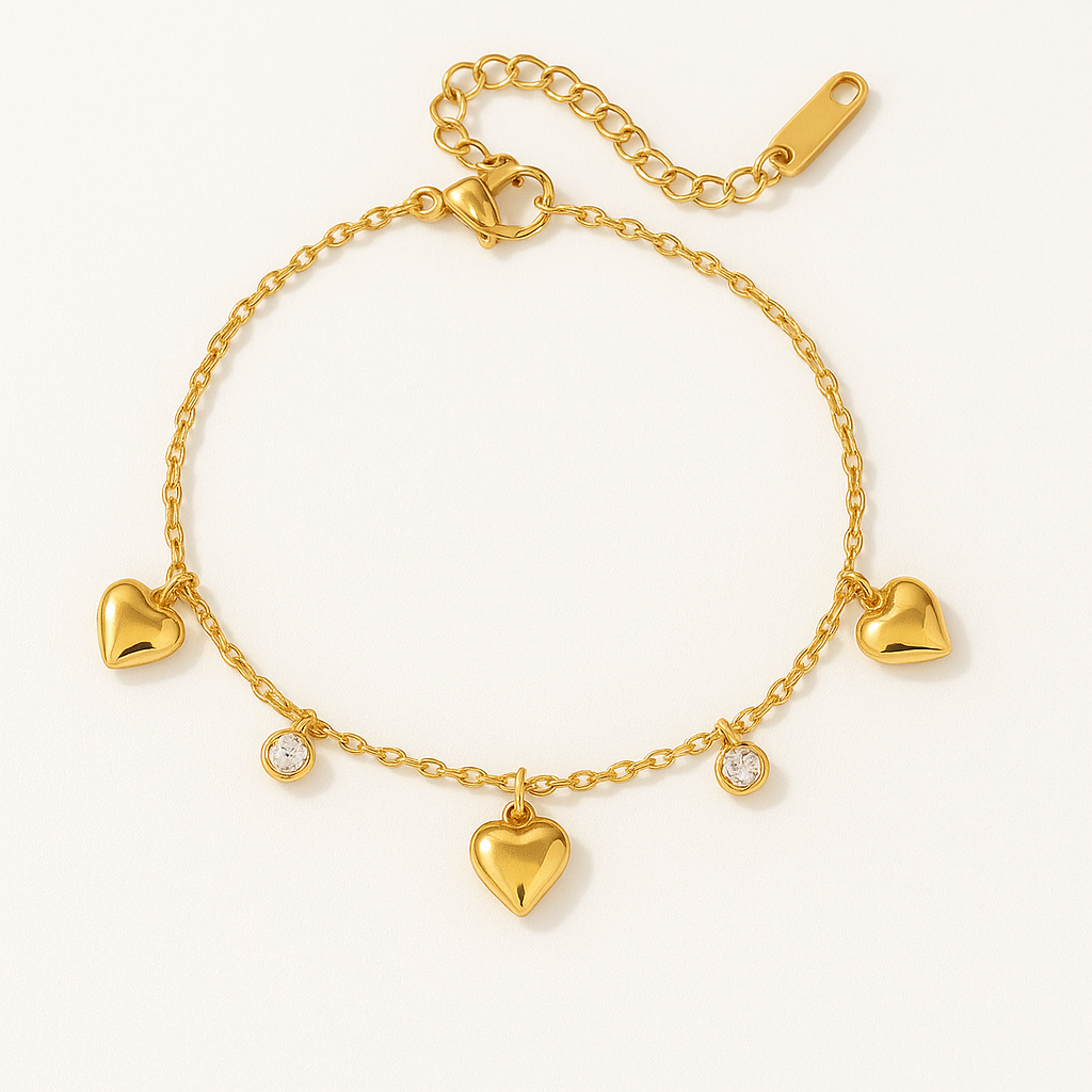 Brazalete Mercurio – Diseño Romántico y Delicado en Dorado con Corazones y Microcristales