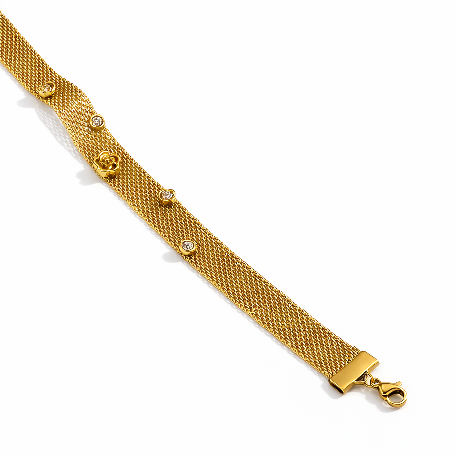 Brazalete Rose Dorado de Malla Ancha con Rosetas y Cristales
