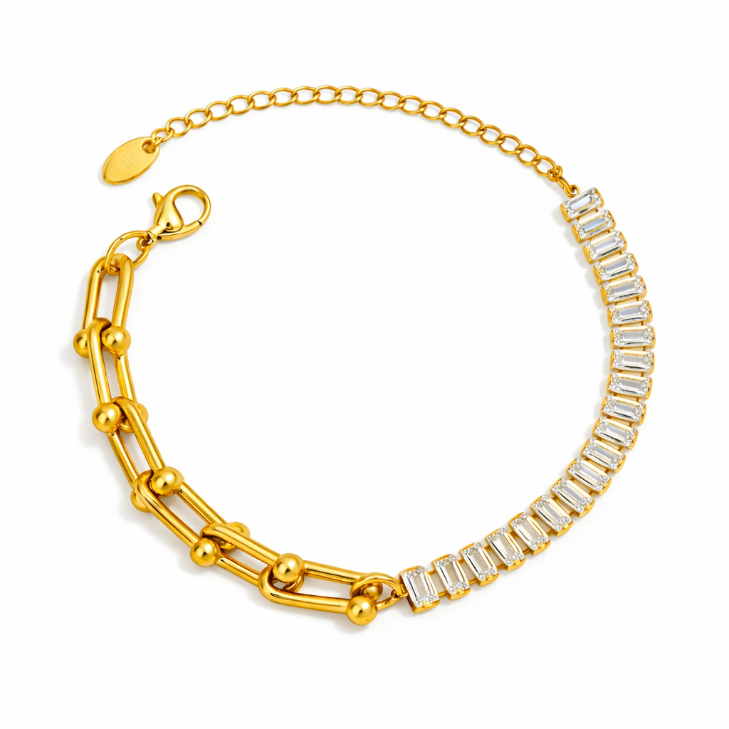 Brazalete Anne Dorado con Eslabones Paperclip y Zirconias Baguette