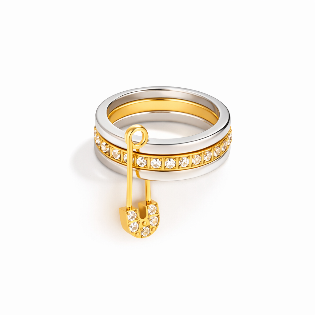 Anillo Paperclip Bicolor Dorado y Plateado con Cristales