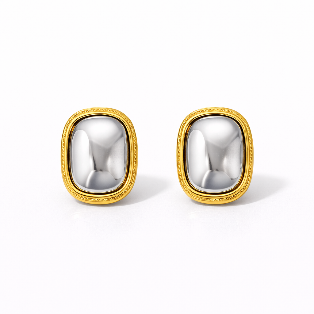 Aretes Cuadrados Medianos – Diseño Bicolor Moderno con Marco Dorado y Centro Plateado Espejo