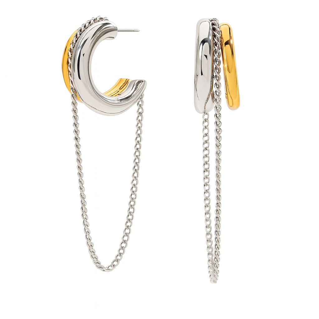 Aretes Cayetana – Diseño Asimétrico en Titanio Bicolor con Argolla Gruesa y Cadenas Plateadas