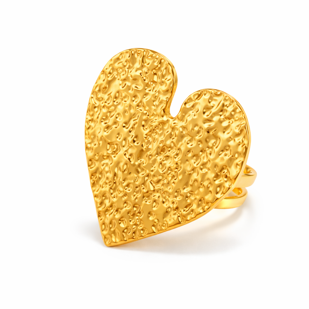 Anillo Corazón Grande Dorado Ajustable de Acero de Titanio