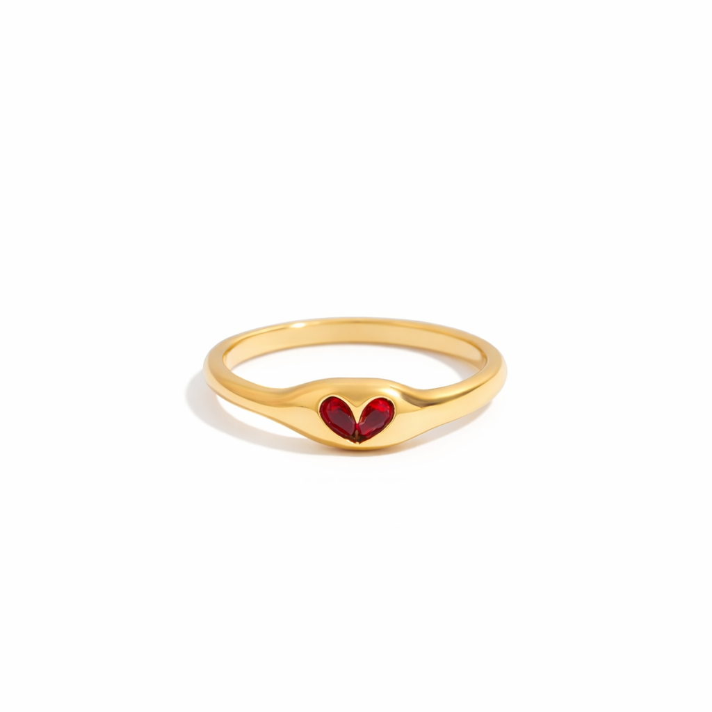 Anillo Romántico Dorado con Corazón de Cristal Rojo Acero de Titanio