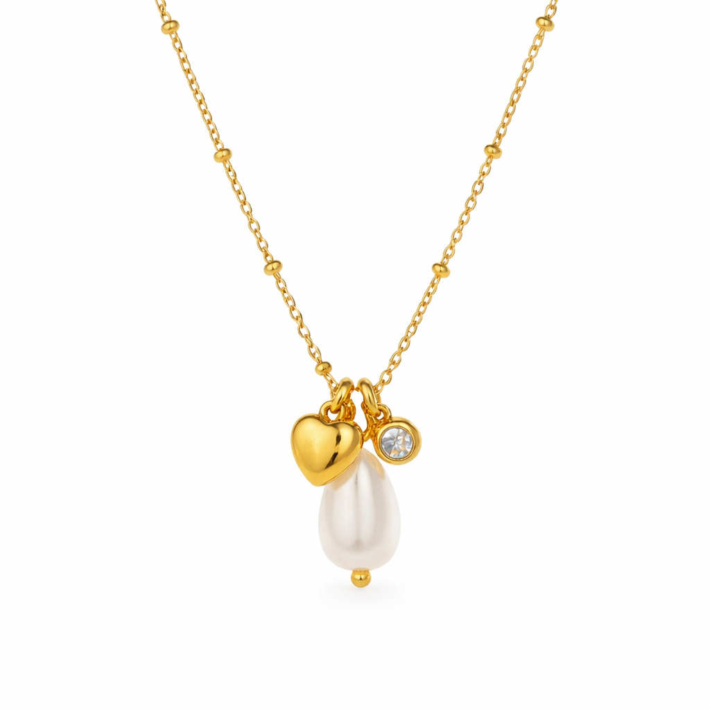 Collar Isolina Dorado con Perla y Corazón Acero 316L