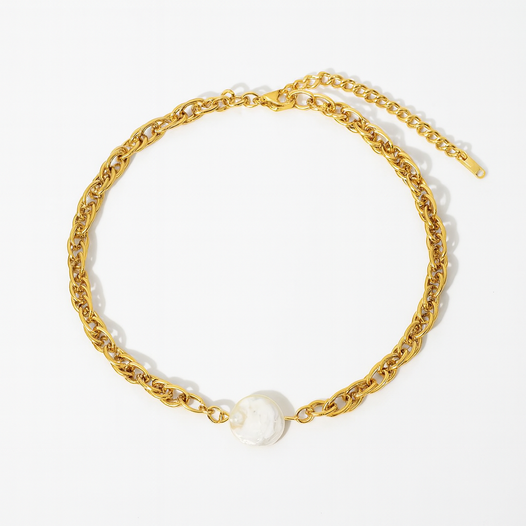 Collar Pilar Dorado – Cadena de Eslabones Gruesos con Perla Barroca