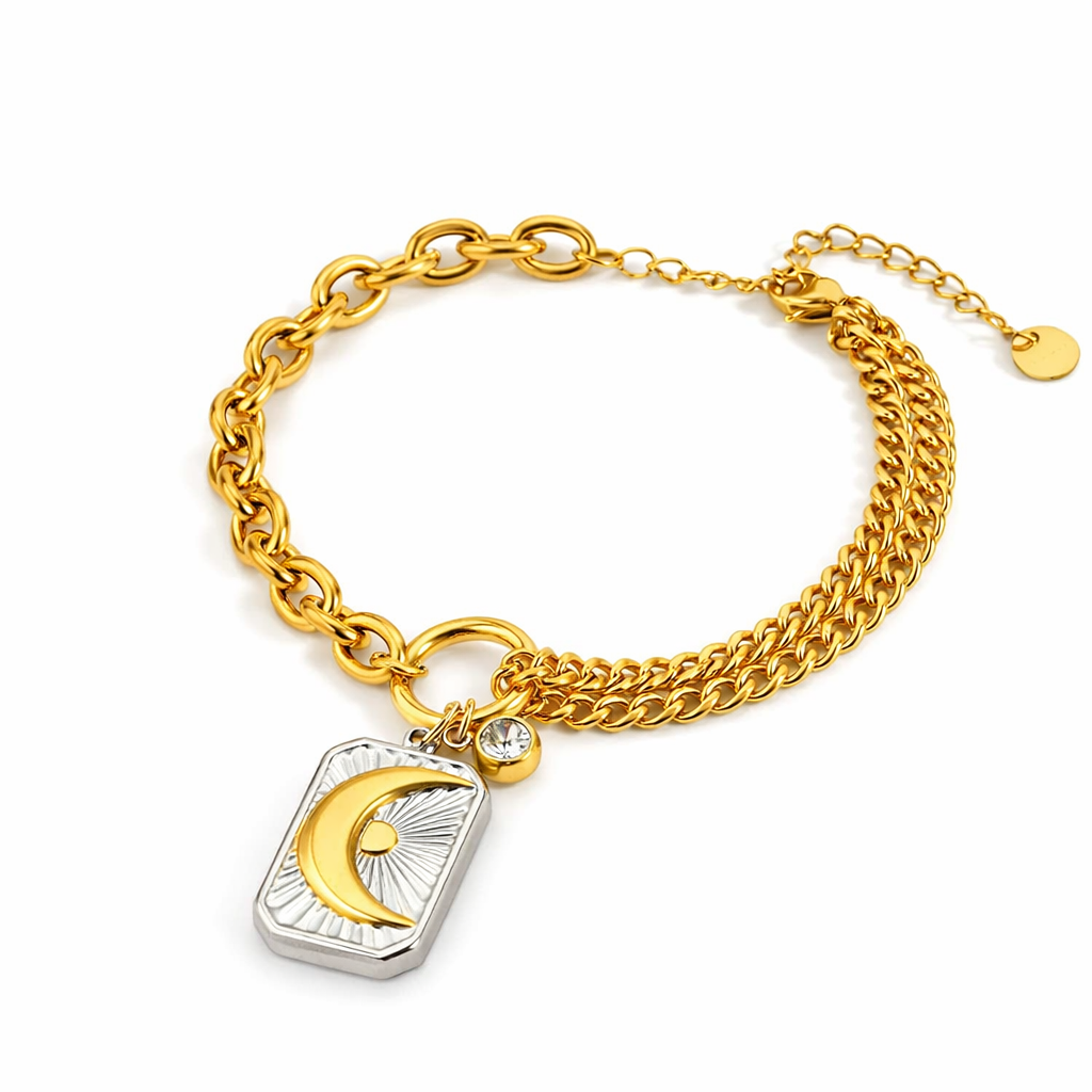 Brazalete Luna Dorado de Cadena Mixta con Charm Geométrico