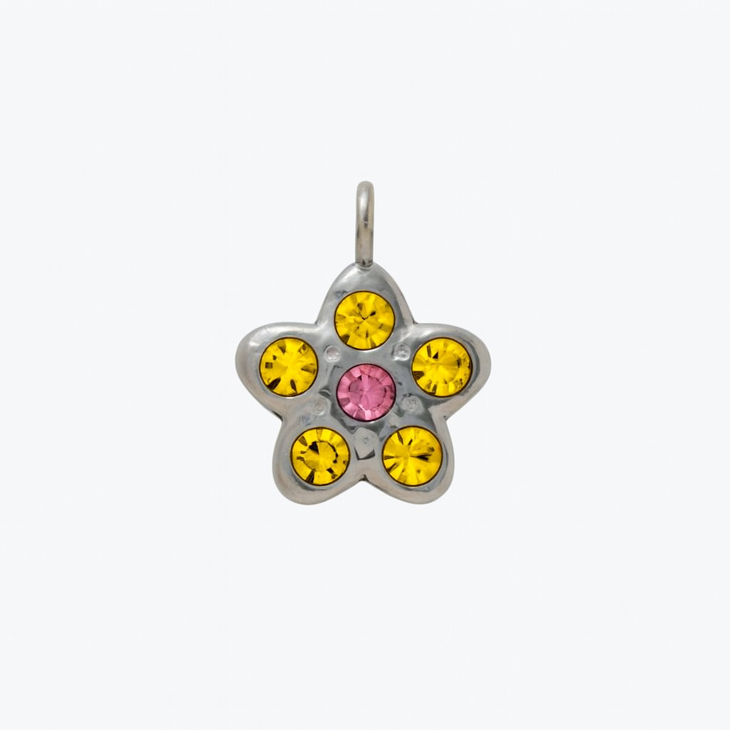 Charm Flor de Colores – Diseño en Acero Plateado con Circonitas Rosas y Amarillas