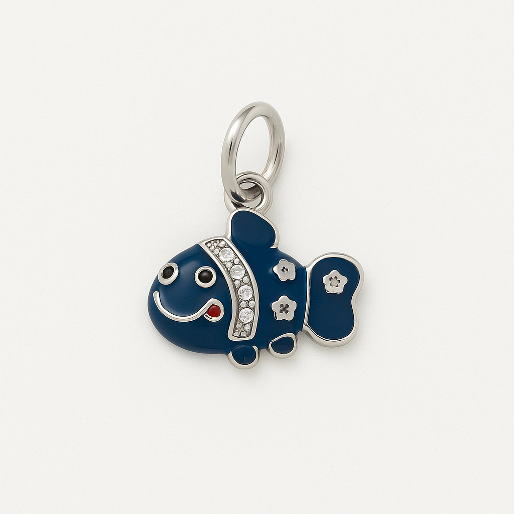 Charm Pez Azul Marino – Diseño Mini en Titanio Plateado con Esmalte Azul y Circonitas Brillantes