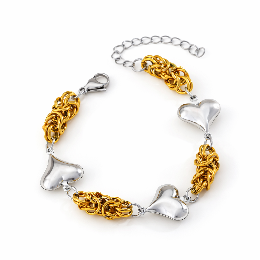 Brazalete Venecia Dorado y Plateado con Corazones