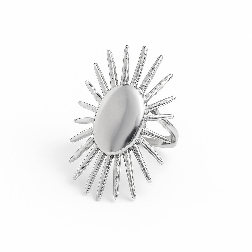 Anillo Sol Plateado de Acero de Titanio Joya Radiante Estilo Minimalista y Atemporal