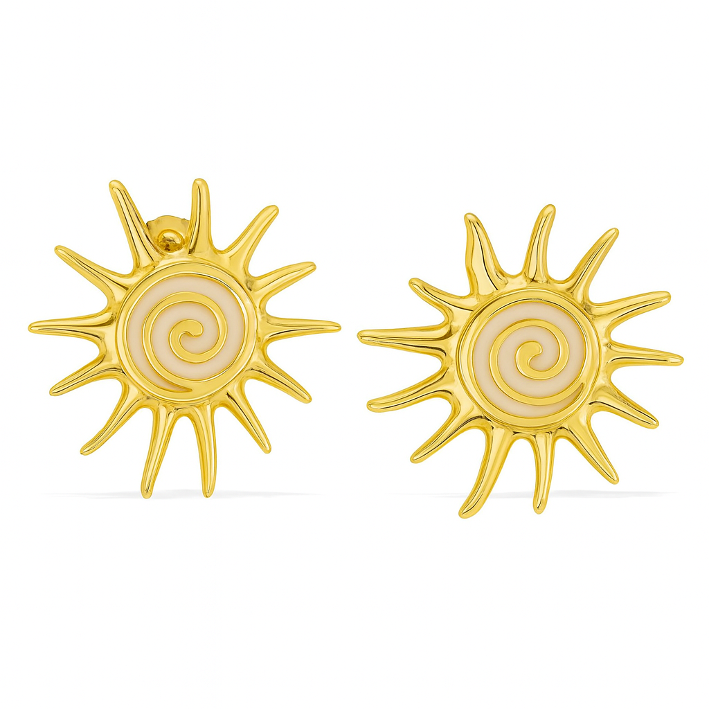 Aretes Rio de Janeiro – Sol Radiante en Titanio Dorado con Espiral en Esmalte Claro