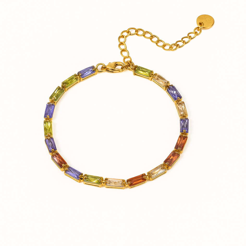 Brazalete Florencia de Acero de Titanio – Dorado con Cristales Rectangulares Coloridos