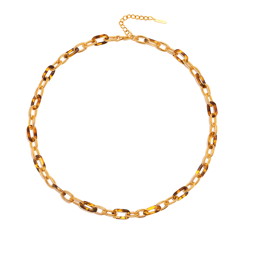 Collar Animal Dorado y Carey – Diseño Moderno con Eslabones Mixtos en Titanio y Efecto Carey Ámbar