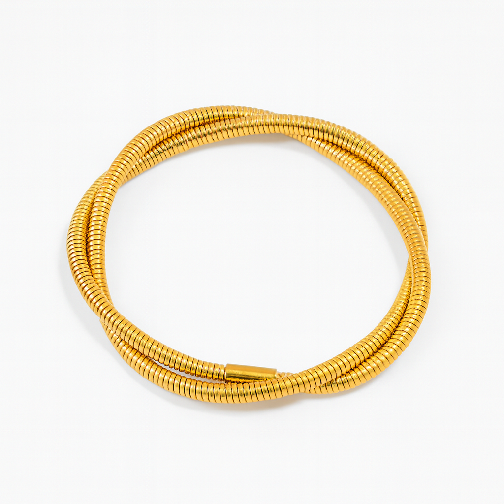 Brazalete Laberinto 2 Dorado de Acero de Titanio – Elástico con dos Cadenas Entrelazadas