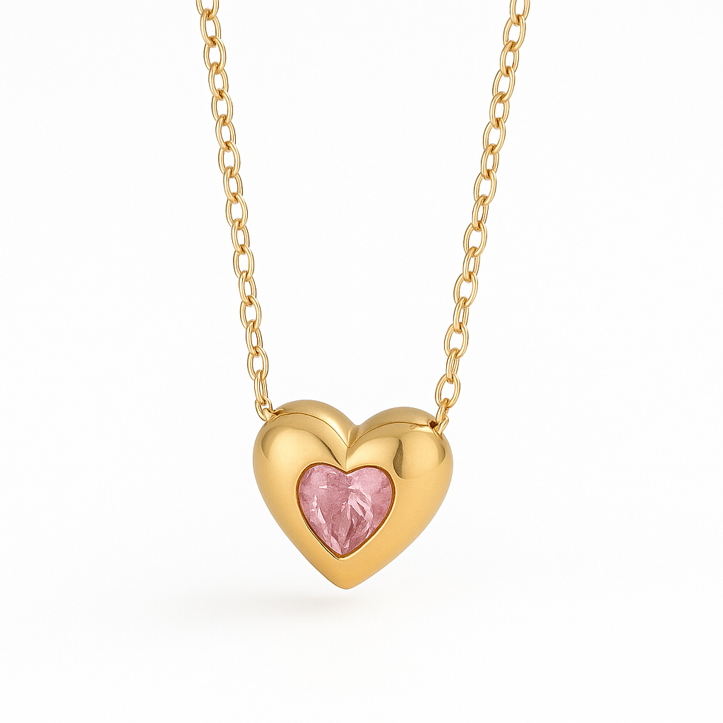 Collar Amore Rose Dorado – Diseño Romántico con Corazón Abombado y Piedra Rosada