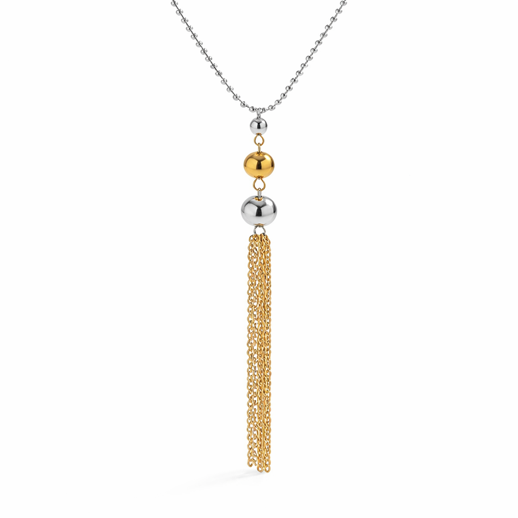 Collar Esfera Fino Bicolor Plateado y Dorado con Borla (59 CM DE LARGO)