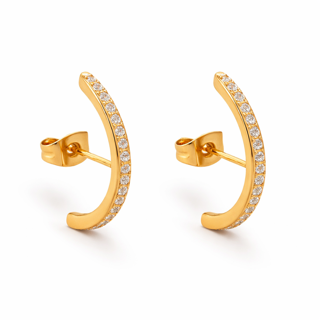 Aretes Media Luna Pavé Dorado y Plateado Acero 316L