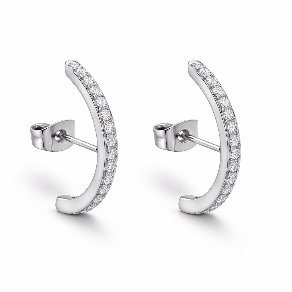 Aretes Media Luna Pavé Dorado y Plateado Acero 316L