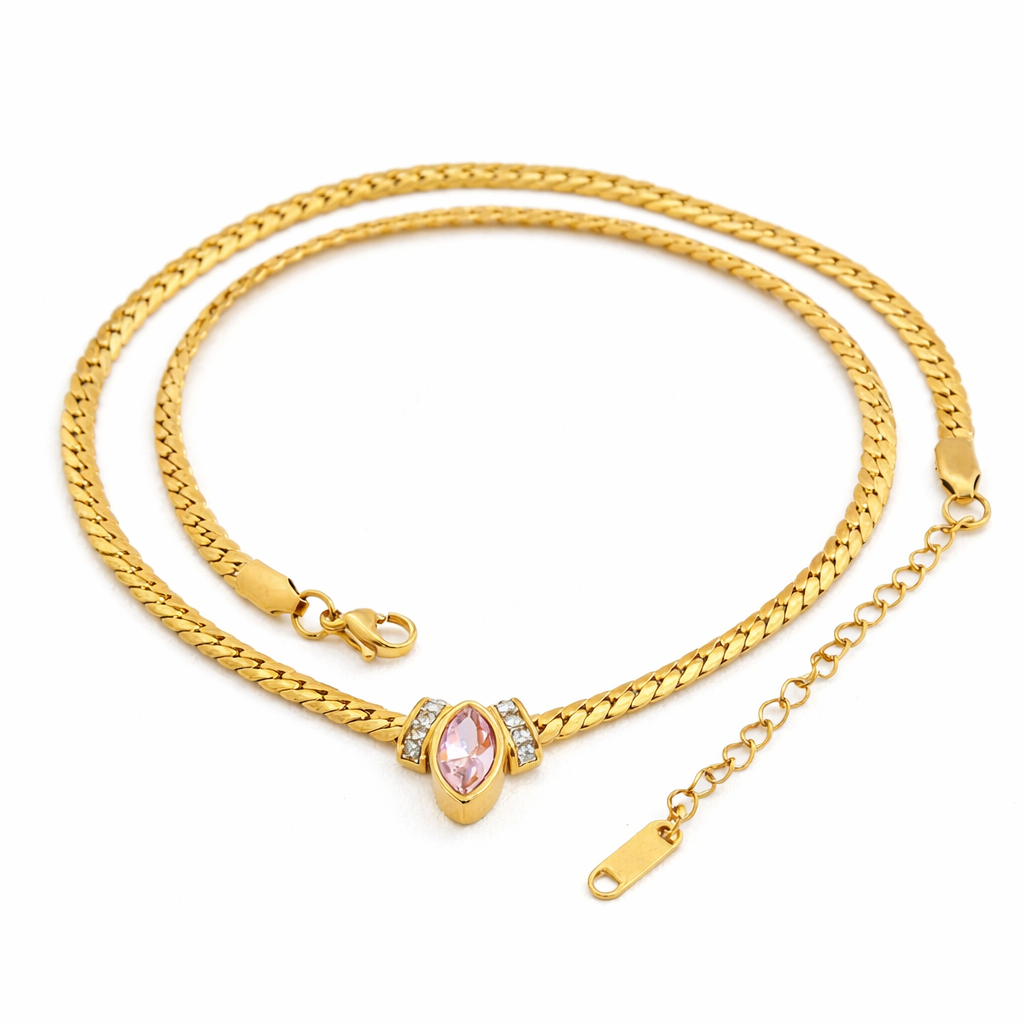 Collar Anastasia Dorado con Piedra Rosa Marquise Acero 316L