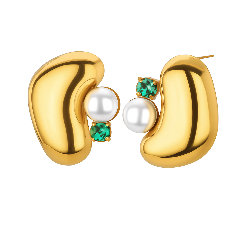 Aretes Hermes – Diseño Orgánico en Titanio Dorado con Circonia Cúbica y Cristales en Blanco, Azul o Verde