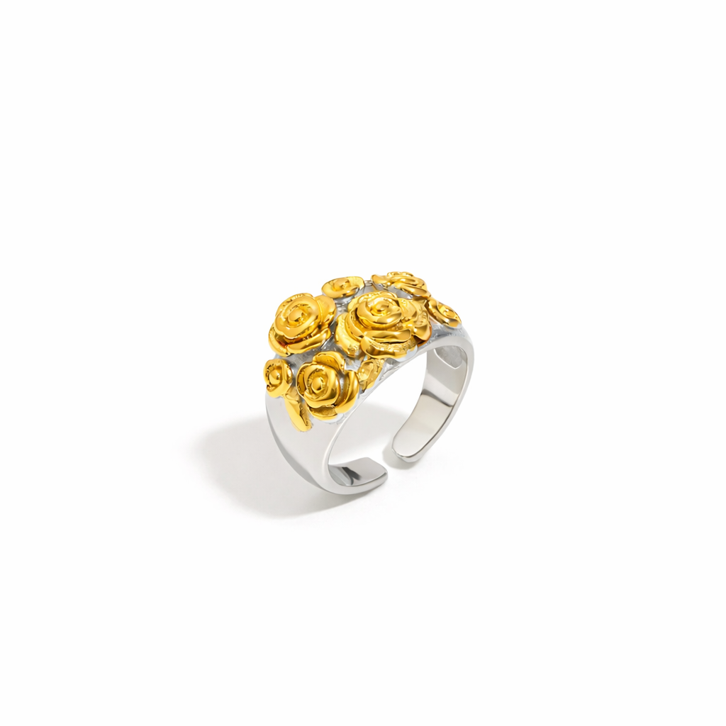 Anillo Floral Dorado de Banda Ancha con Relieves de Rosas – Acero de Titanio