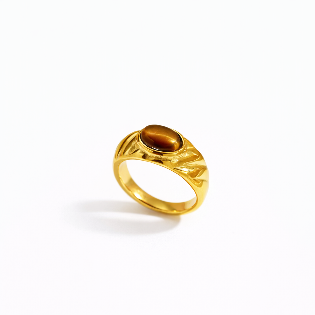 Anillo Ojo de Tigre con Piedra Ámbar Ovalada Acero de Titanio