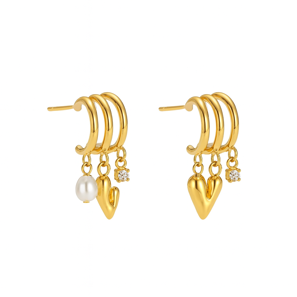 Aretes Marselline – Diseño Escultórico Bicolor en Titanio con Aros y Colgantes de Corazón, Perla y Cristal