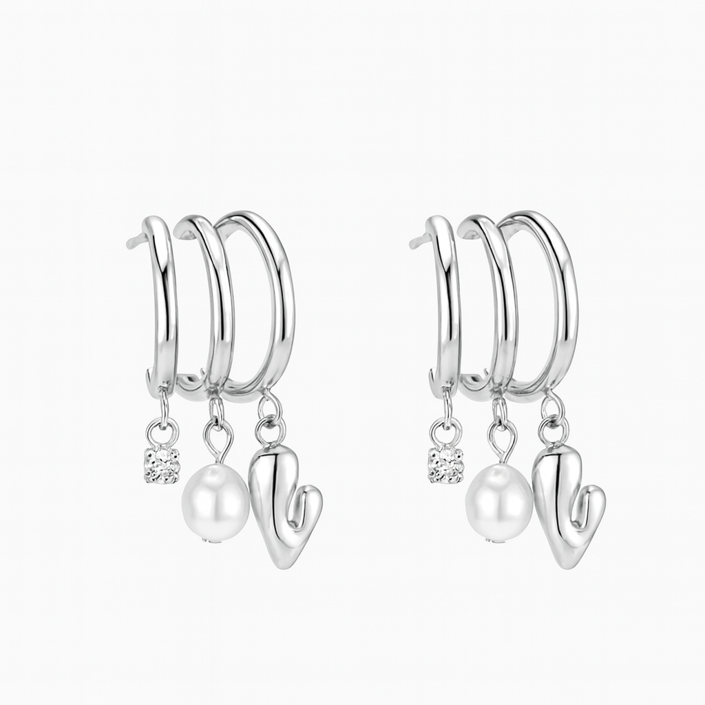 Aretes Marselline – Diseño Escultórico Bicolor en Titanio con Aros y Colgantes de Corazón, Perla y Cristal