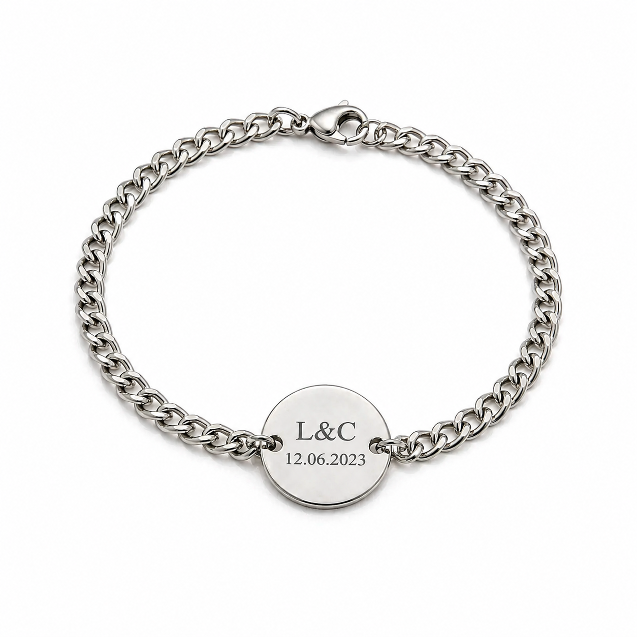 Brazalete Para Caballero Personalizado con Laser Plateado – Acero de Titanio