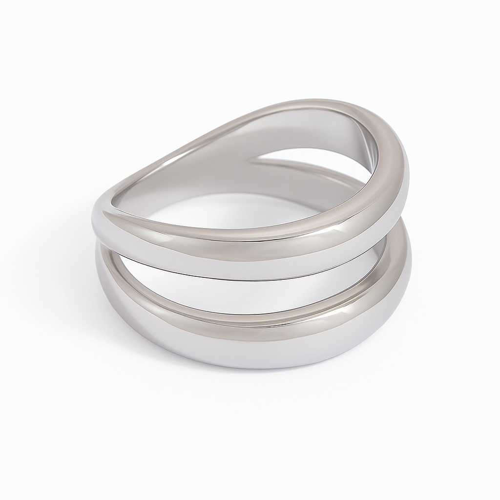 Anillo Doble Curva Plateado – Anillo Unisex en Acero de Titanio con Diseño Arquitectónico
