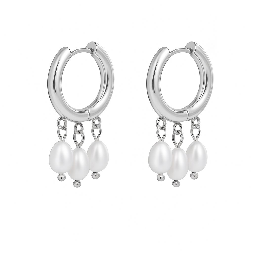 Aretes Leticia – Argollas Medianas en Titanio Dorado y Plateado con Perlas Naturales