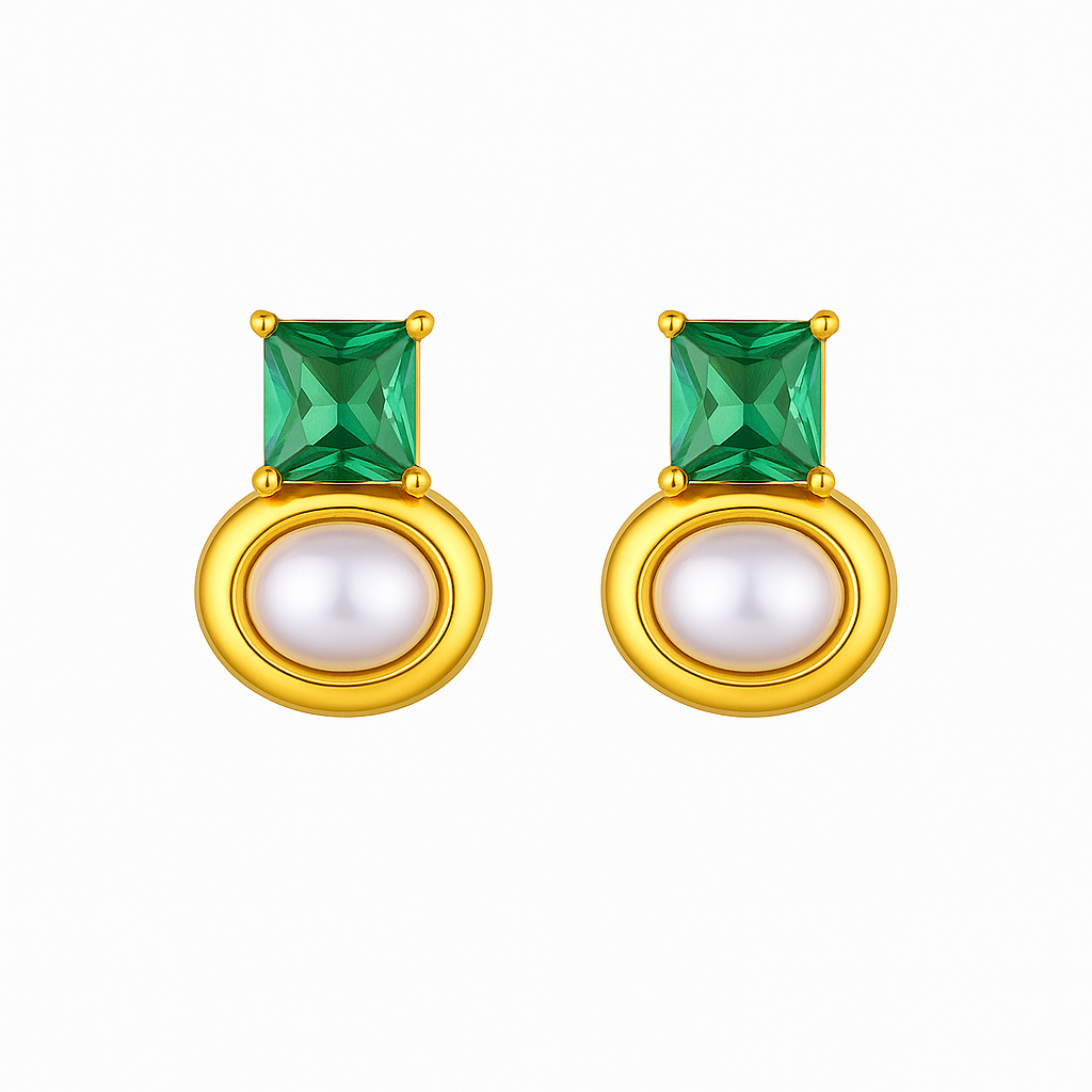 Aretes Bari – Diseño Clásico en Titanio Dorado con Circonia Facetada y Perla Blanca Ovalada