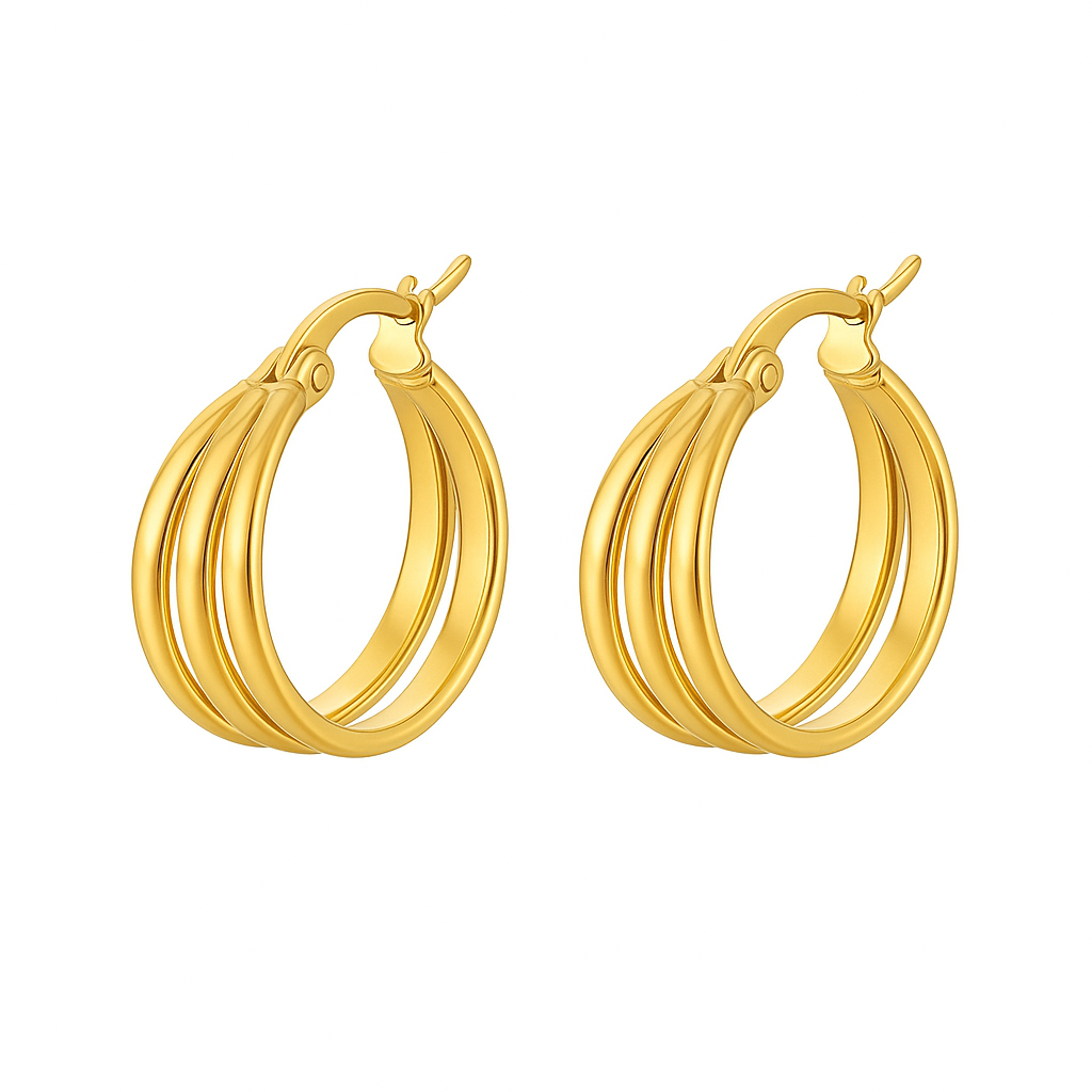 Aretes Eloisa – Argollas Medianas Triple Aro en Dorado y Plateado