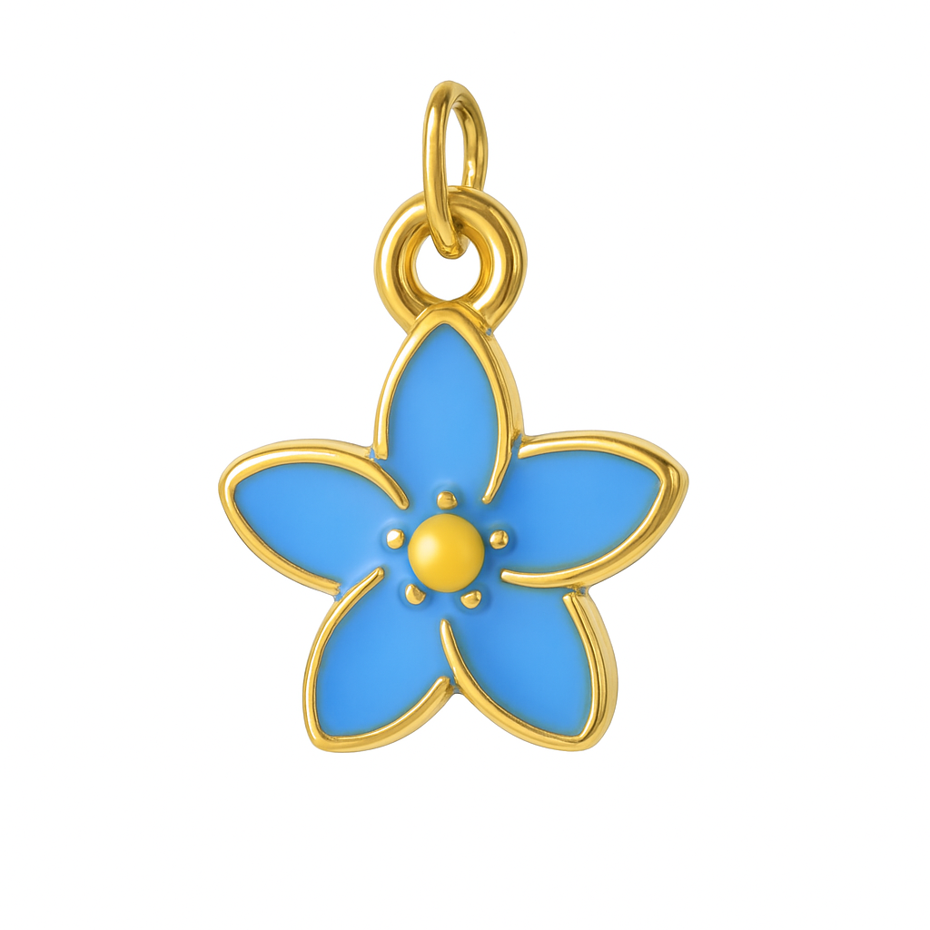 Charm Flor Pastel Bicolor Dorado – Diseño de Cinco Pétalos en Titanio con Esmalte Rosa y Celeste Suave