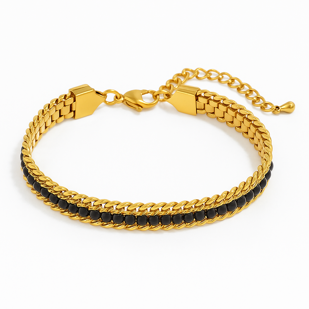 Brazalete Aluche Dorado con Detalle Negro – Acero de Titanio Ajustable