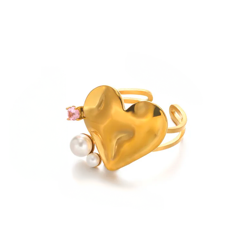 Anillo de Corazón Ajustable con perlas en Acero de Titanio Hipoalergénico