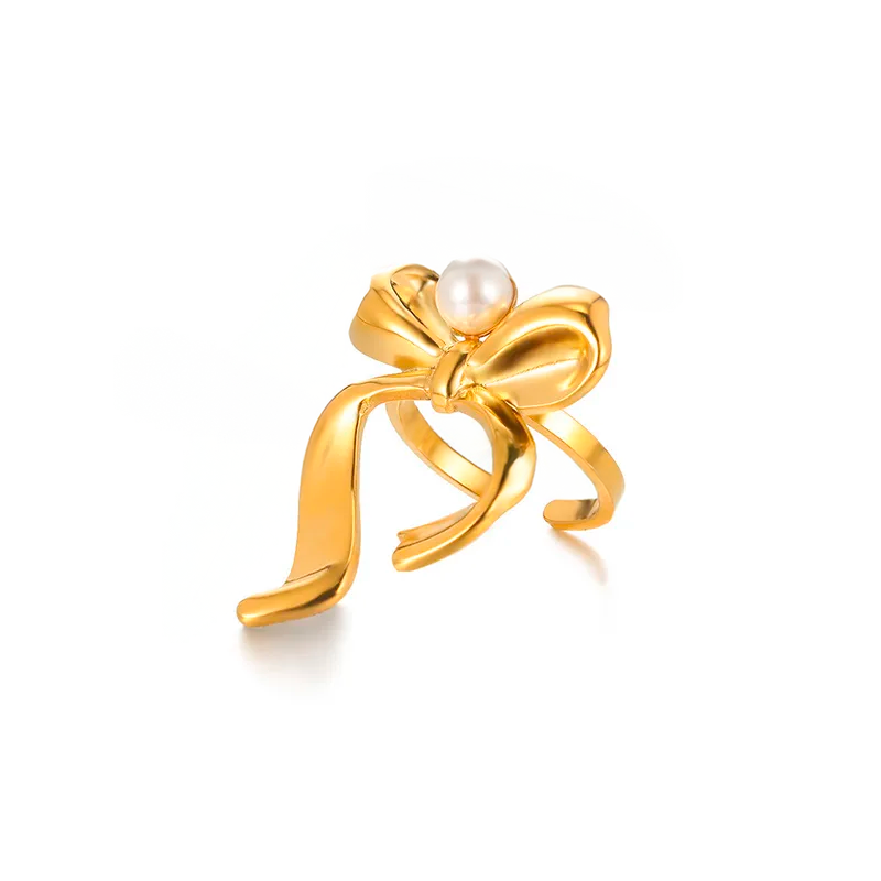Anillo Moño con Perla – Ribbon Pearl Ring Ajustable Dorado
