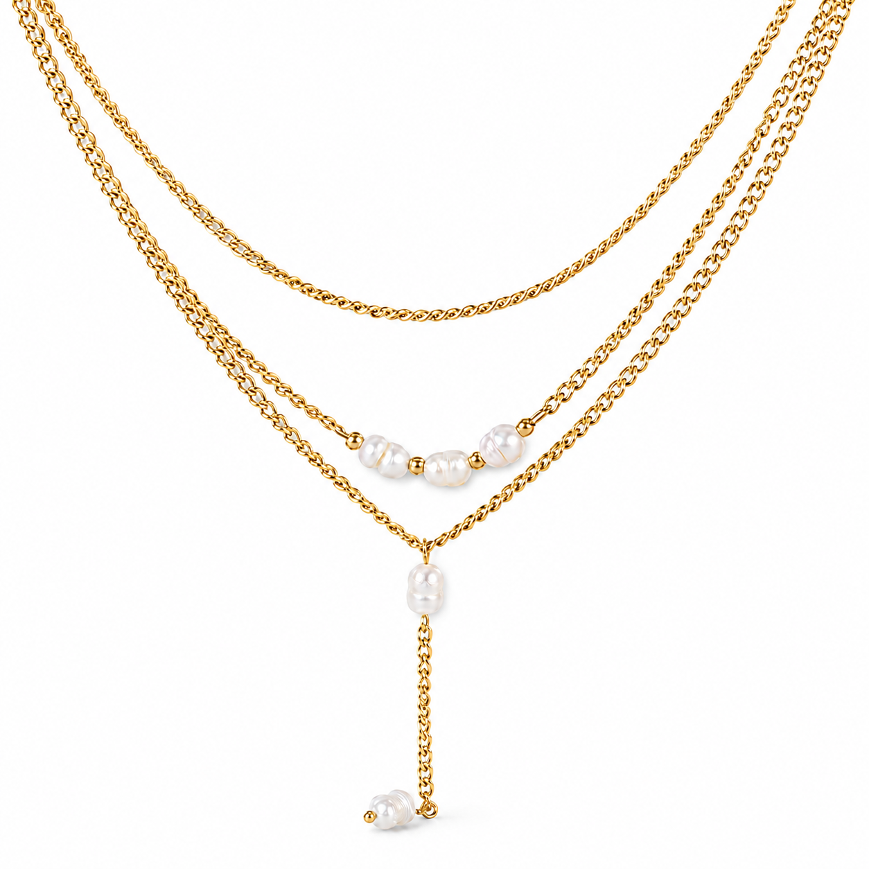 Collar Rosa de Tres Capas con Perlas en Acero Inoxidable 316L