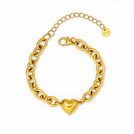 Brazalete Cataleya Dorado con Corazón – Eslabones Gruesos en Acero de Titanio