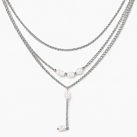 Collar Rosa Plateado de Tres Capas con Perlas en Acero Inoxidable 316L
