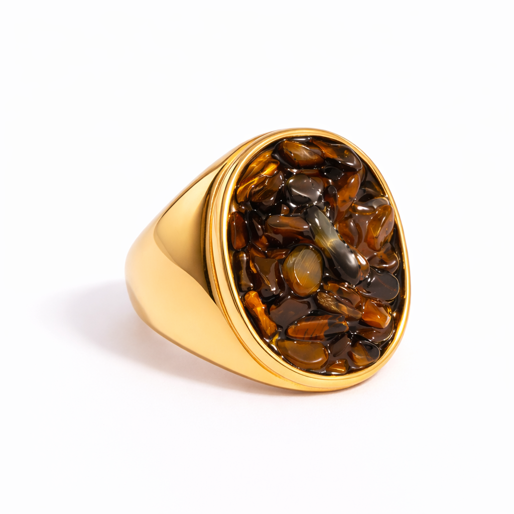 Anillo Ámbar Dorado Tipo Sello con Mosaico de Piedras