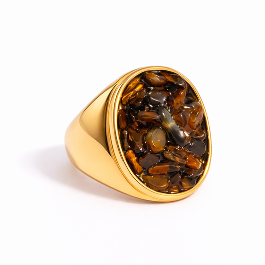 Anillo Ámbar Dorado Tipo Sello con Mosaico de Piedras