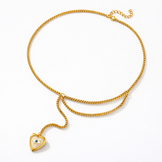 Collar Ojo Dorado de Doble Caída con Corazón