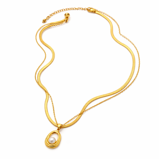 Collar Celebración de Doble Cadena Dorada con Perla