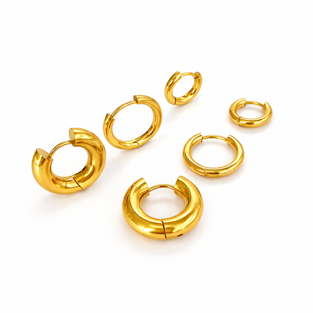 Set Argollas Huggie Doradas Clásicas Acero 316L