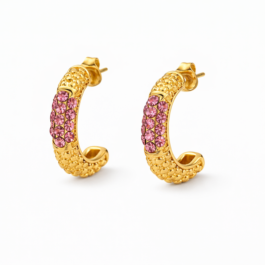 Aretes Rosita – Argollas Doradas con Cristales Rosados en Acero de Titanio