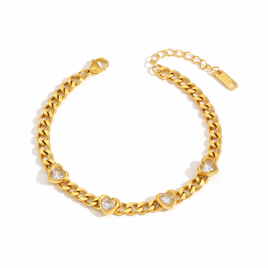 Brazalete Amores Dorado de Eslabones con Corazones y Zirconias